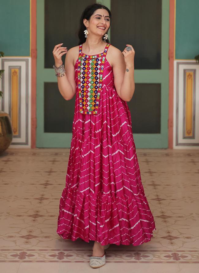 Chinnon Pink Navratri Wear Printed Readymade Gown